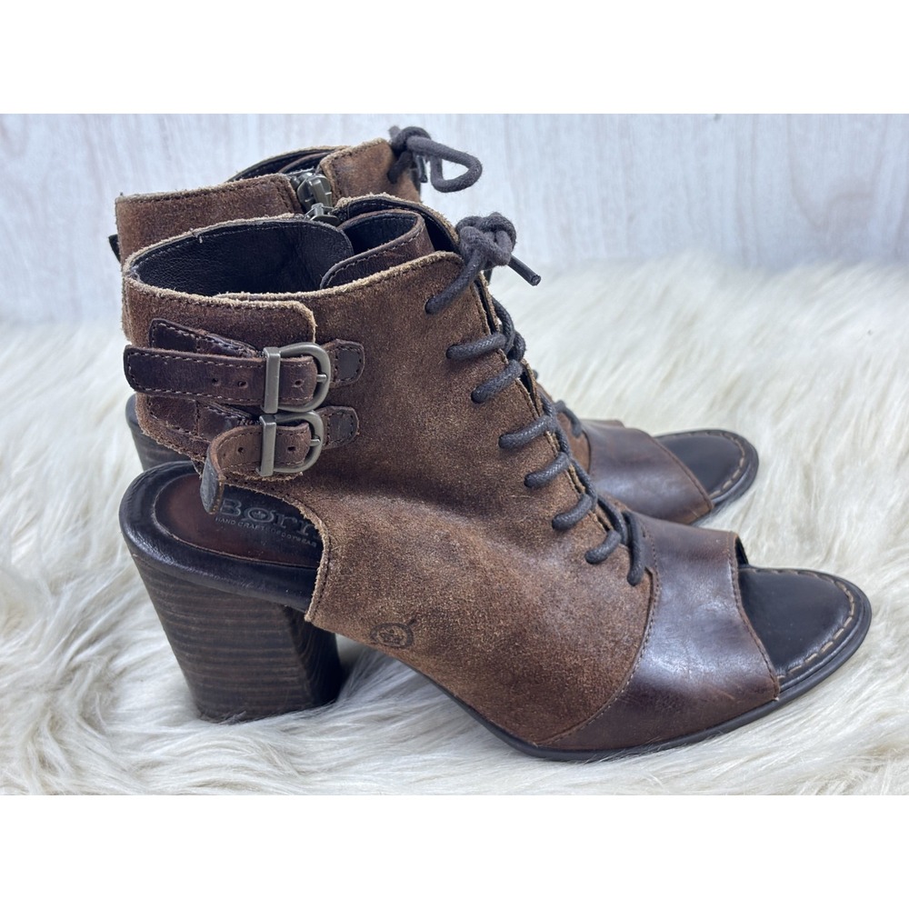 Born Blane Peep Toe Booties Brown Leather Suede Lace Up Boho Womens 8M - Picture 4 of 10